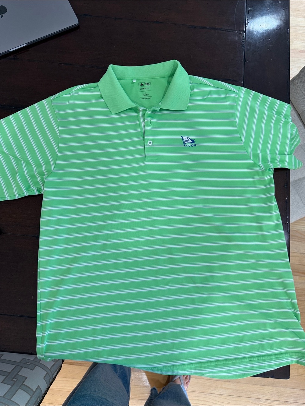 adidas Light Green and White Striped Polo with Nautical Flag Rumson CountryLogo